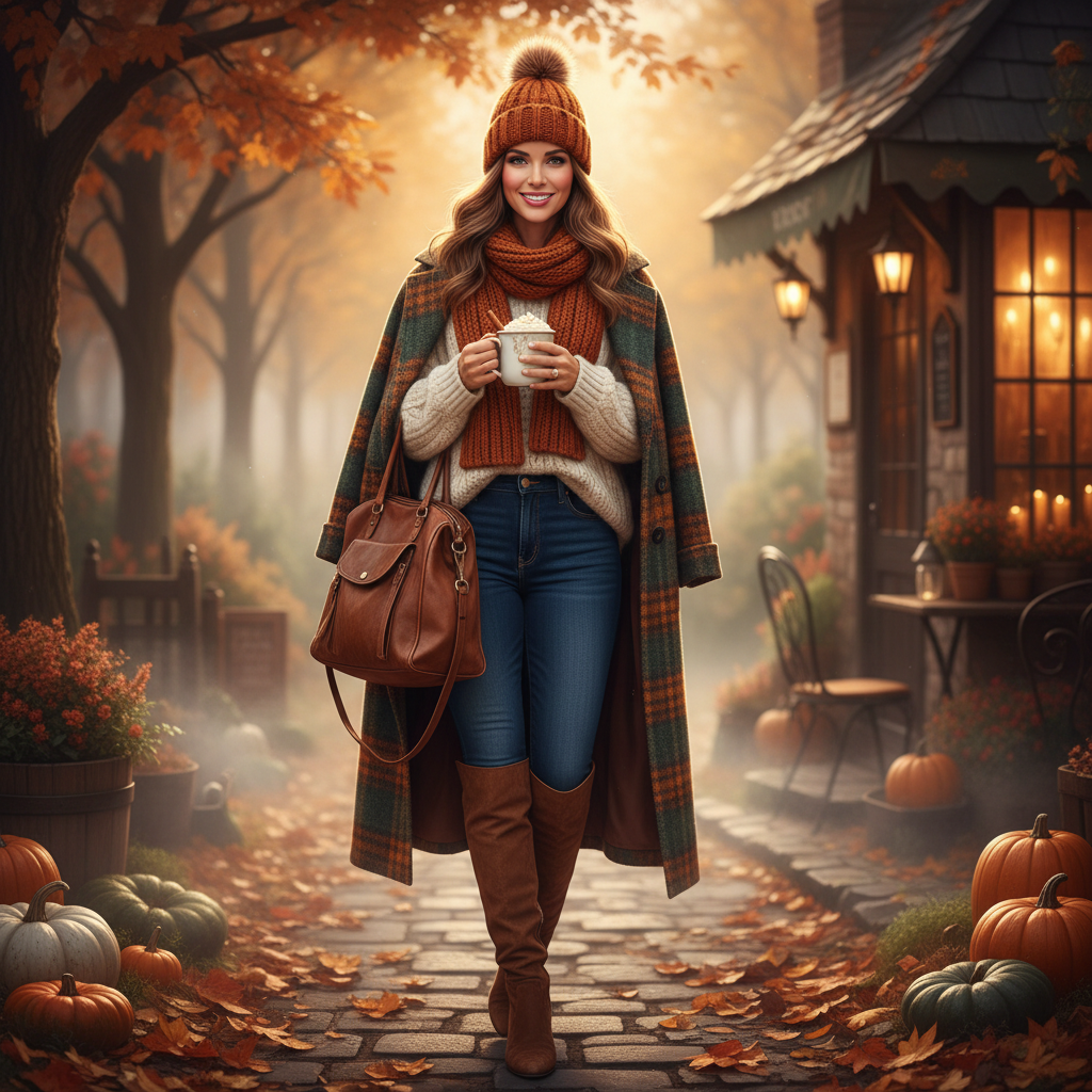 A smiling woman in autumn attire walks down a cobblestone path holding a mug, surrounded by fall foliage and pumpkins.