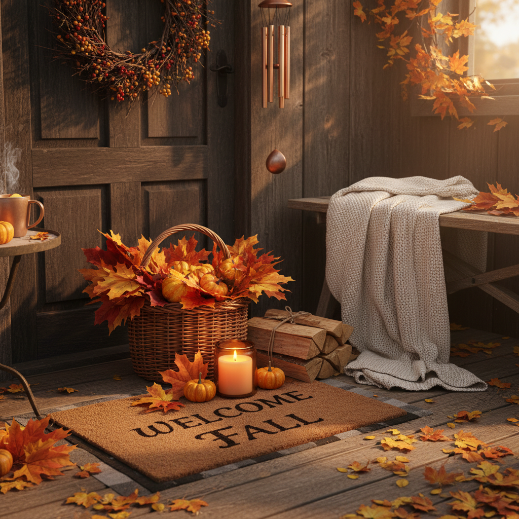 A wicker basket filled with mini pumpkins and fall leaves sits on a porch with a welcome mat, a lit candle, and a cozy blanket on a bench.