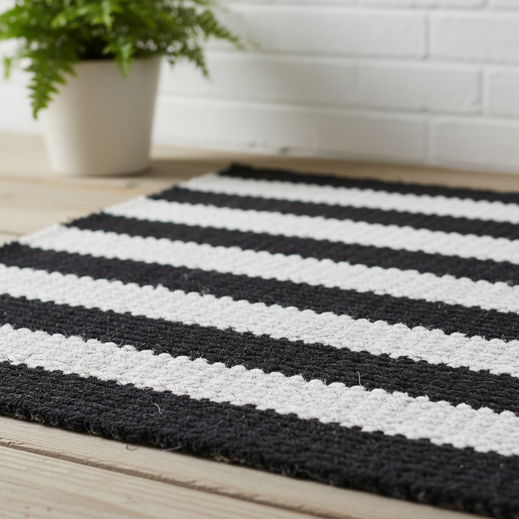 A black and white striped doormat rests on a wooden floor in front of a white brick wall.