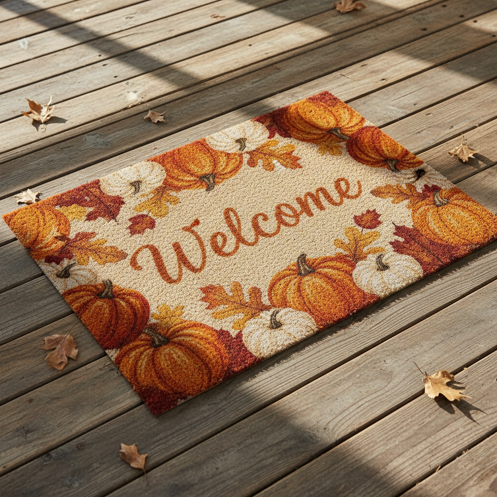 A fall-themed doormat with the word Welcome in cursive, surrounded by pumpkins and leaves, lies on a wooden deck.