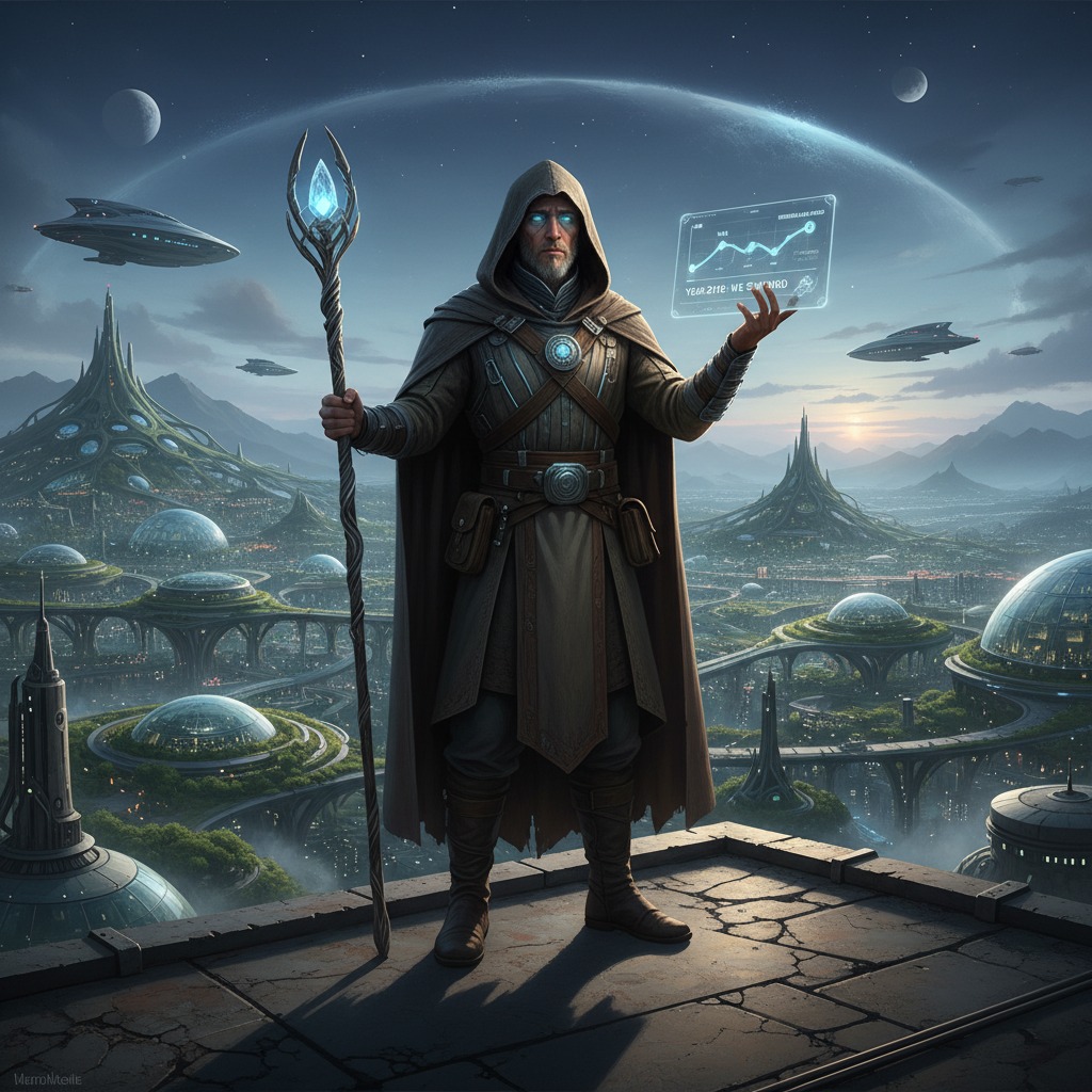 A hooded, glowing-eyed figure in futuristic robes holds a staff and a digital data display while standing on a platform overlooking a sprawling sci-fi city with domed buildings and flying vehicles.